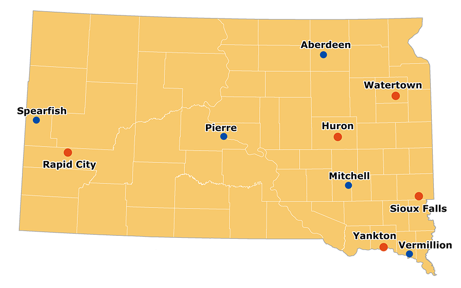 South Dakota map showing the services areas of the DLR local offices
